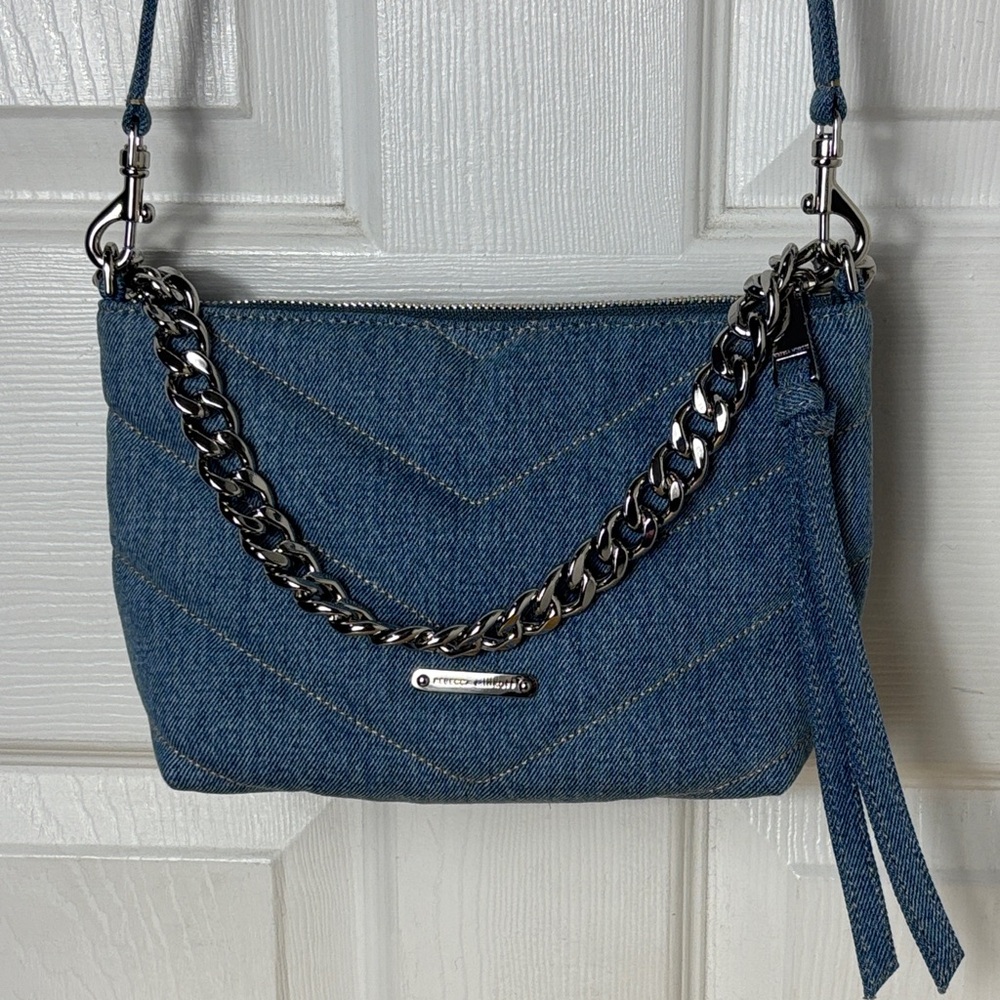 NEW REBECCA MINKOFF Edie Crossbody Quilted Denim heavy chain strap shoulder bag - Picture 2 of 11